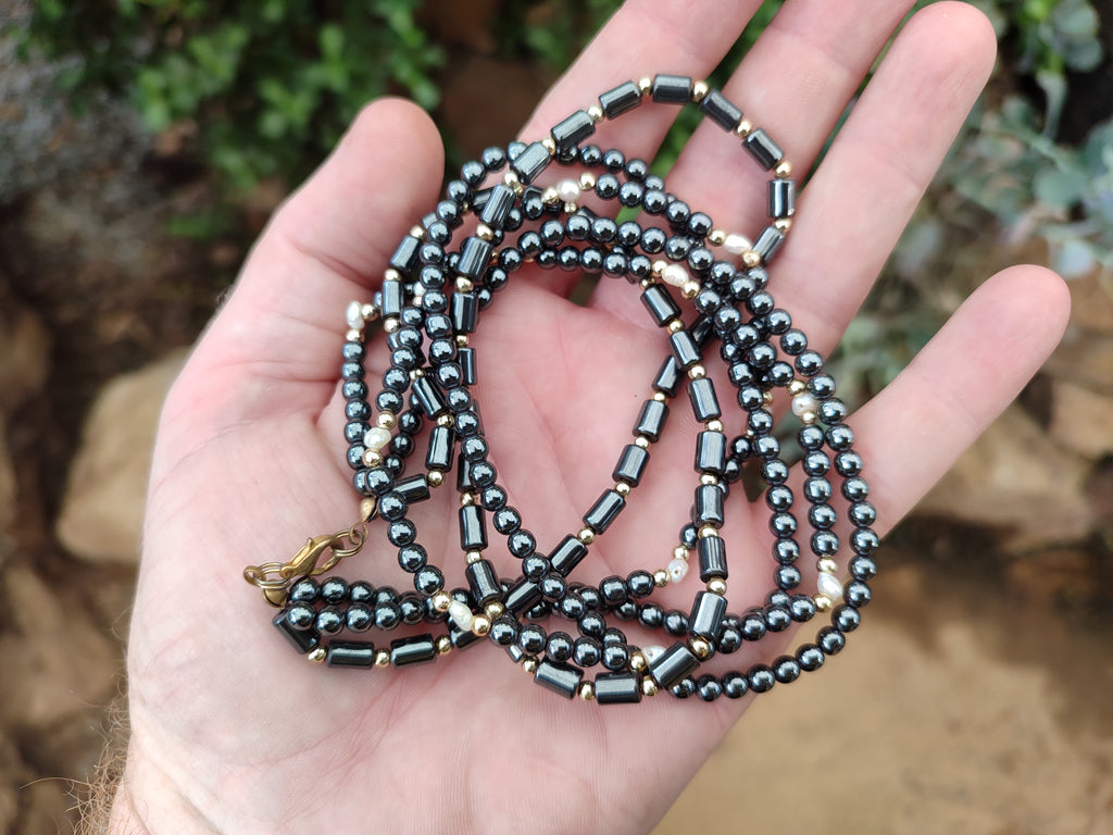 Polished Silver Hematite and Freshwater Pearl Triple Strand Beaded Necklace - Sold Per Item - From China - Toprock Gemstones and Minerals 