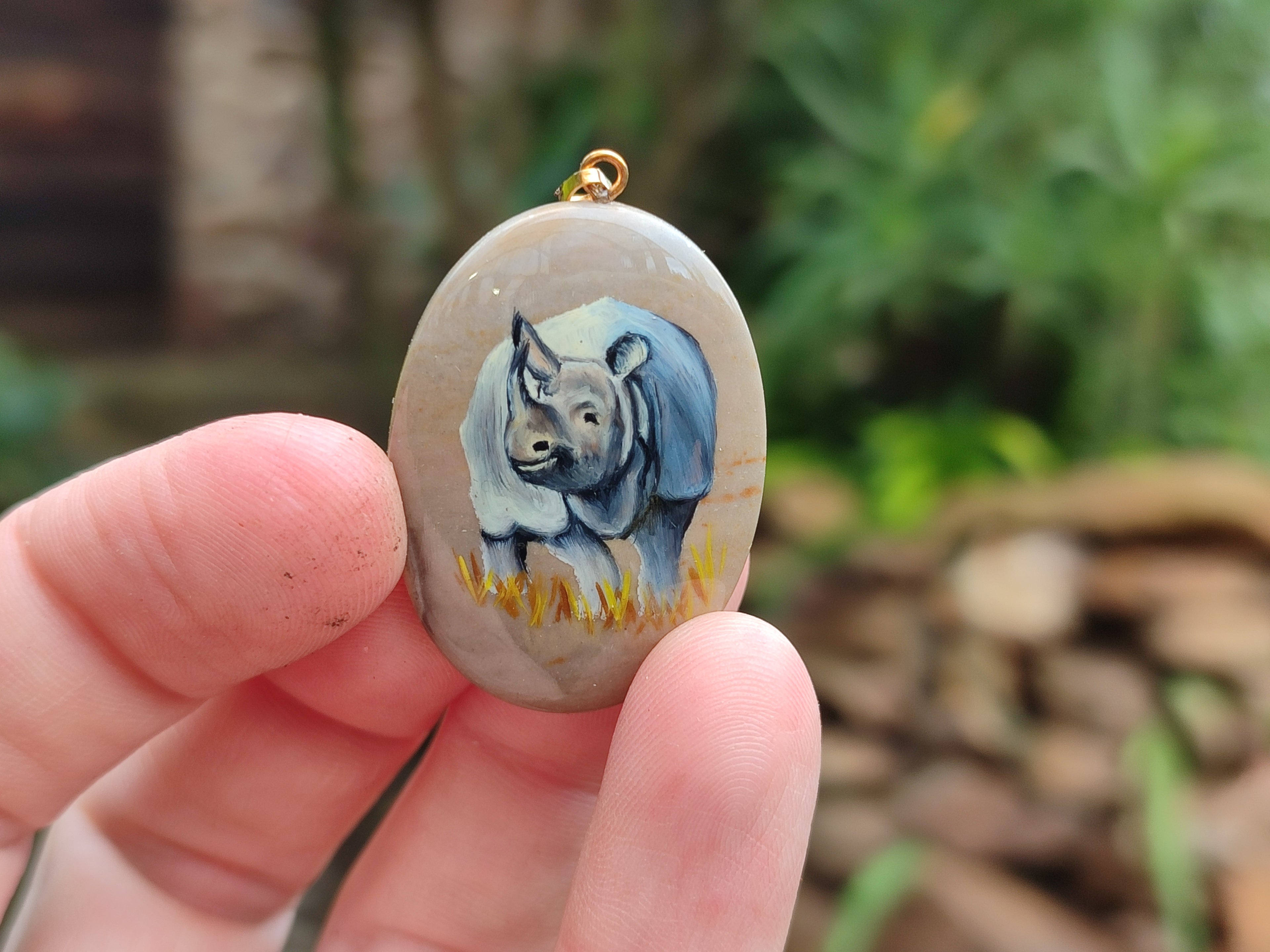 Polished Polychrome Jasper Pendant with Hand Painted Rhino - sold per item - From Madagascar - Toprock Gemstones and Minerals 