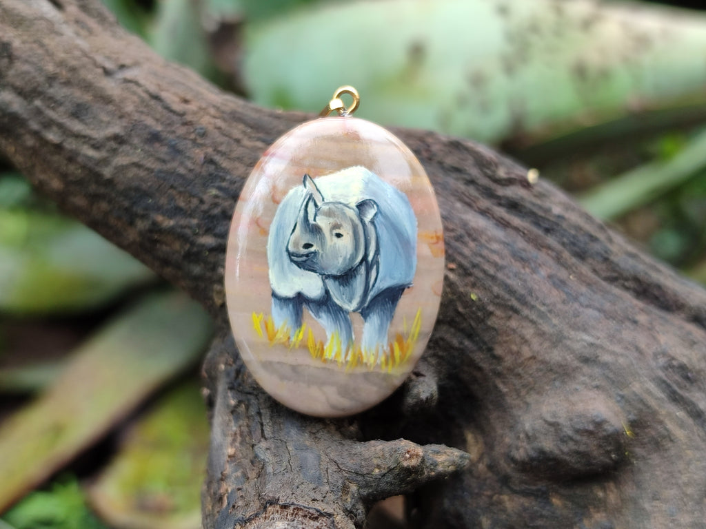Polished Polychrome Jasper Pendant with Hand Painted Rhino - sold per item - From Madagascar - Toprock Gemstones and Minerals 