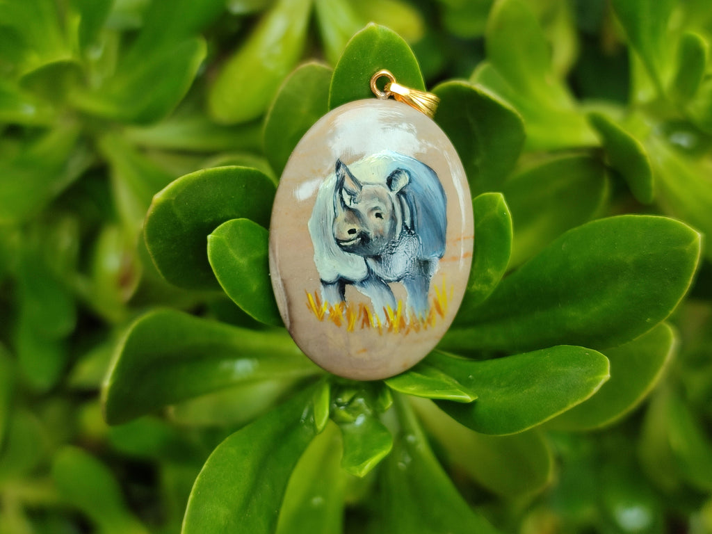 Polished Polychrome Jasper Pendant with Hand Painted Rhino - sold per item - From Madagascar - Toprock Gemstones and Minerals 