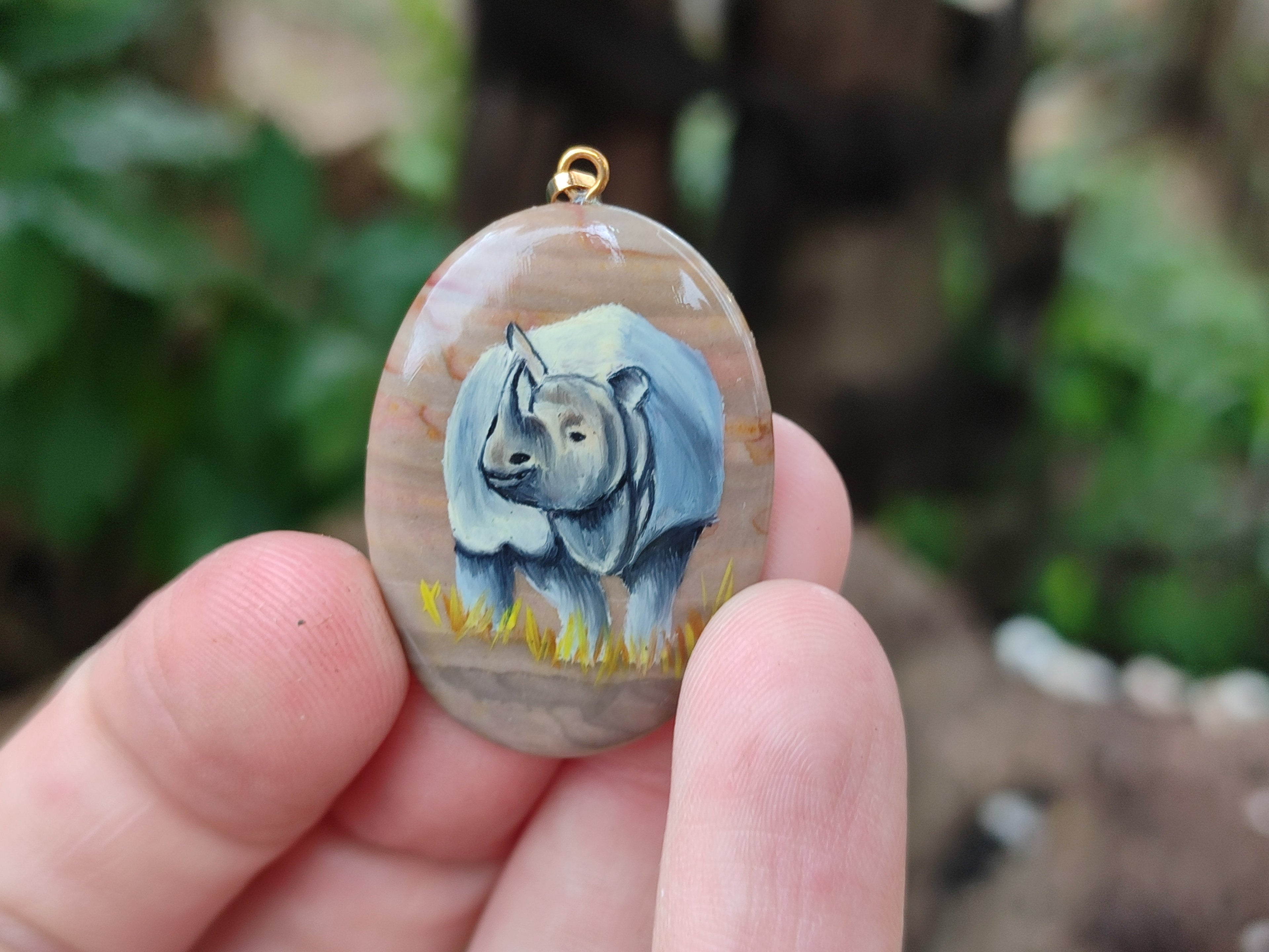 Polished Polychrome Jasper Pendant with Hand Painted Rhino - sold per item - From Madagascar - Toprock Gemstones and Minerals 
