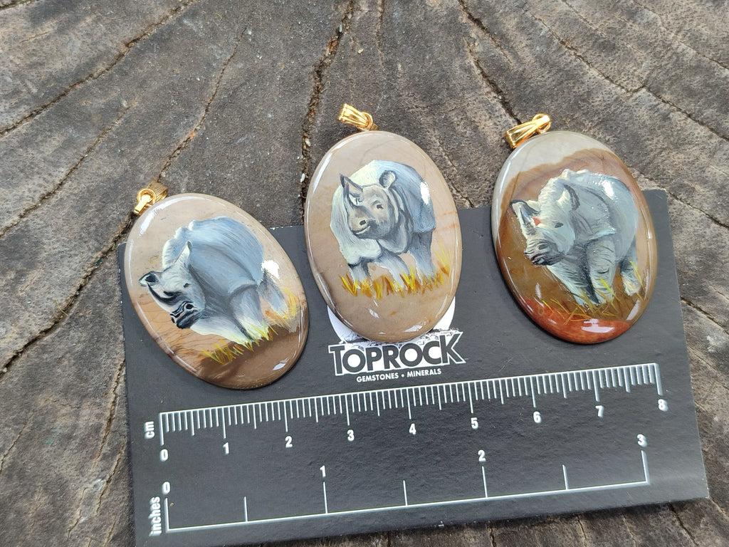 Polished Polychrome Jasper Pendant with Hand Painted Rhino - sold per item - From Madagascar - Toprock Gemstones and Minerals 
