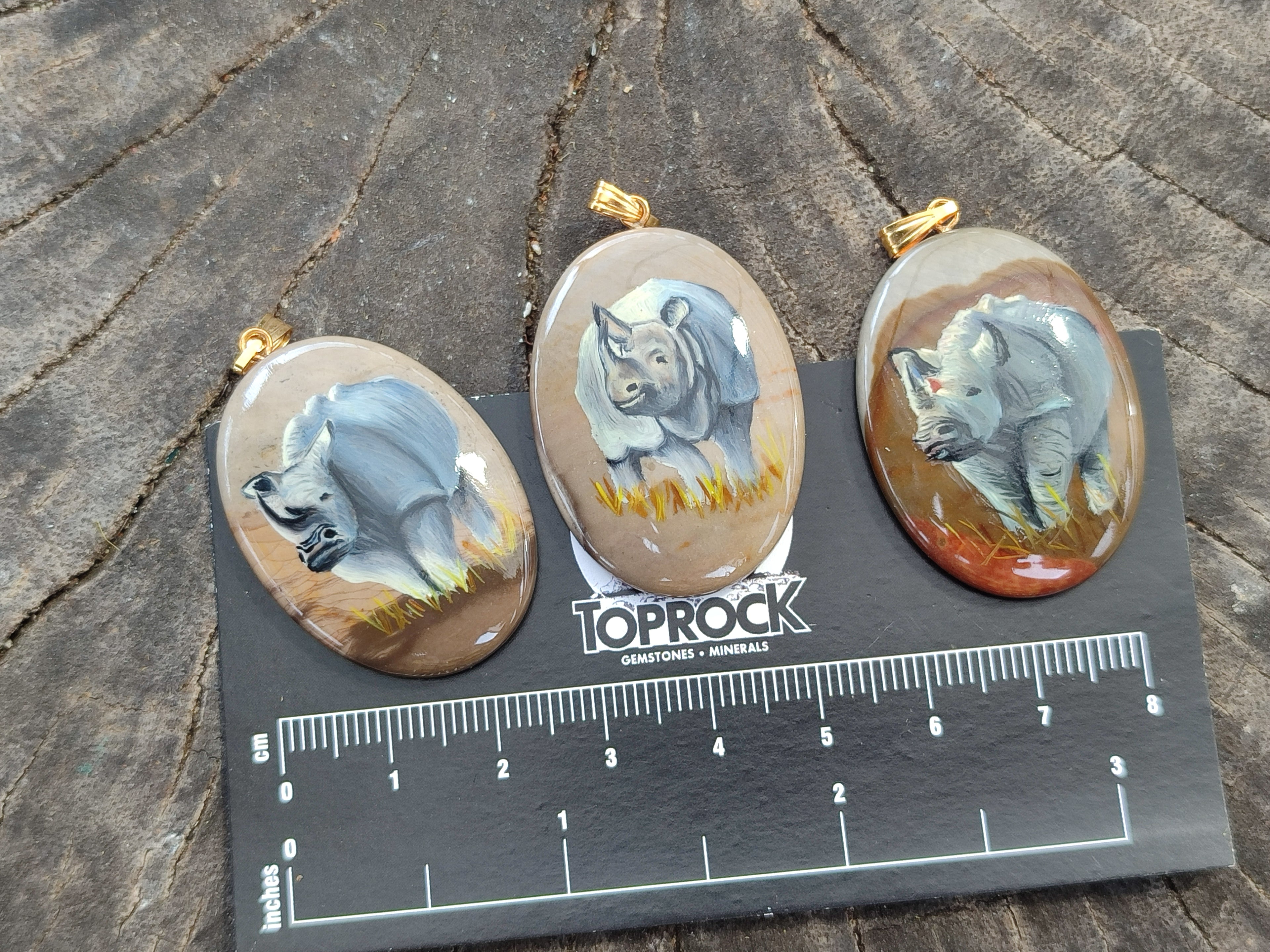 Polished Polychrome Jasper Pendant with Hand Painted Rhino - sold per item - From Madagascar - Toprock Gemstones and Minerals 