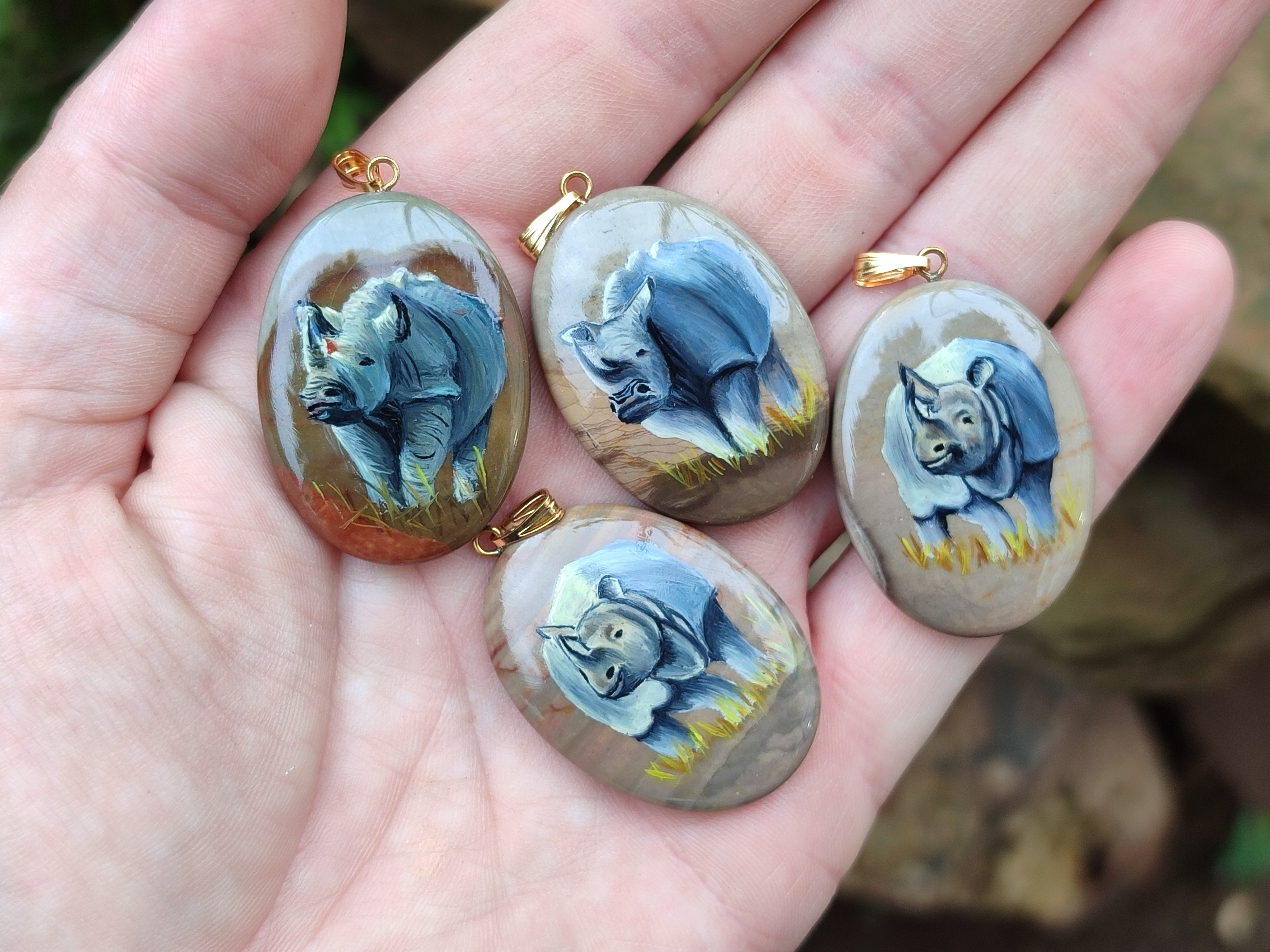 Polished Polychrome Jasper Pendant with Hand Painted Rhino - sold per item - From Madagascar - Toprock Gemstones and Minerals 