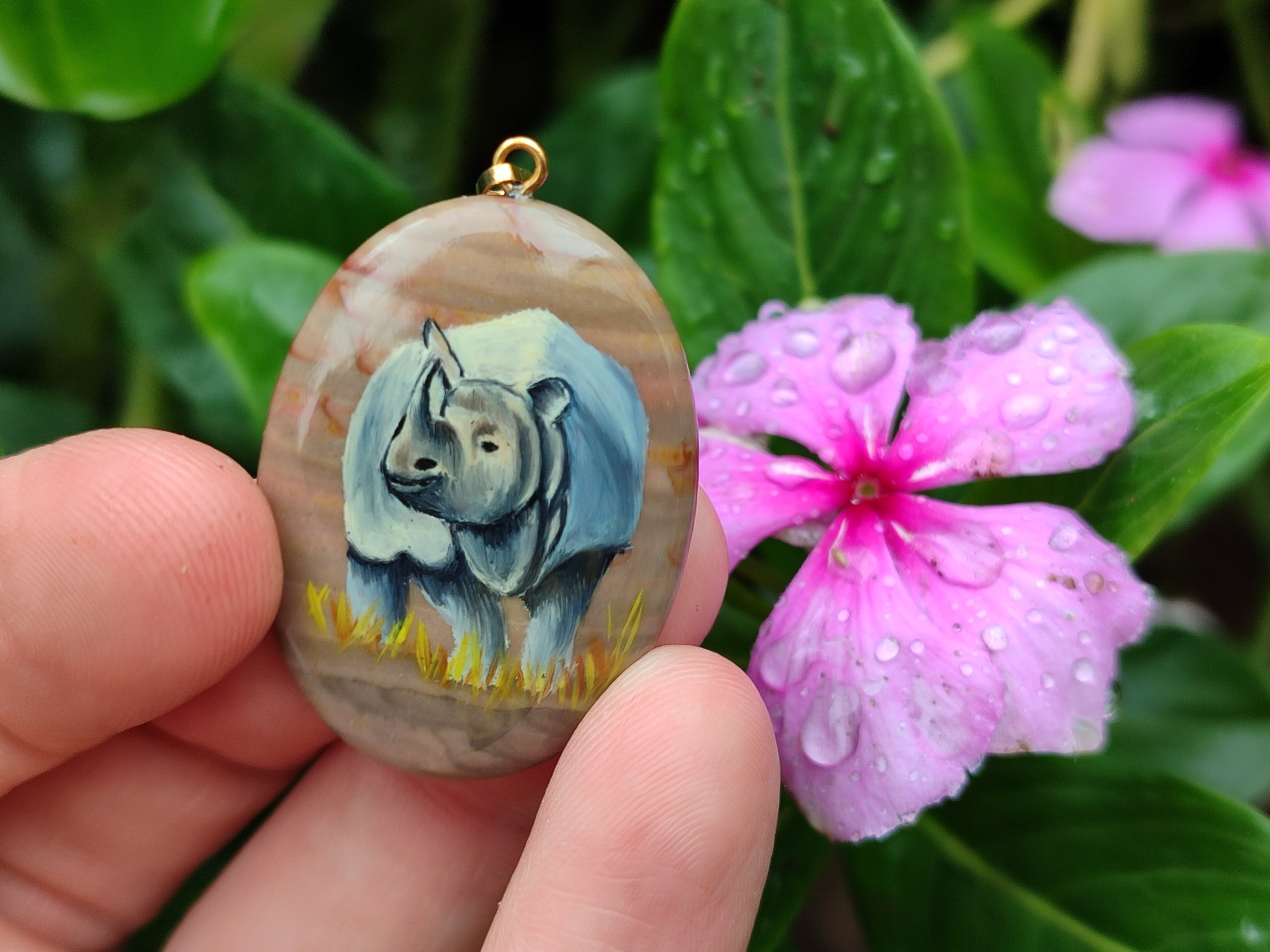 Polished Polychrome Jasper Pendant with Hand Painted Rhino - sold per item - From Madagascar - Toprock Gemstones and Minerals 