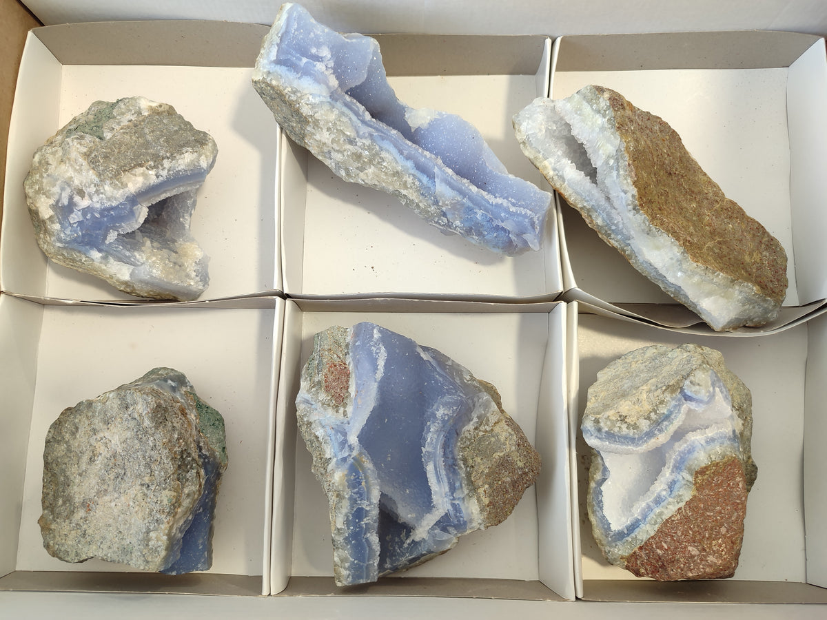 Natural Blue Lace Agate Geode Specimens x 6 From Malawi - Toprock Gemstones and Minerals 