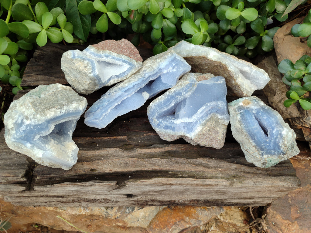 Natural Blue Lace Agate Geode Specimens x 6 From Malawi - Toprock Gemstones and Minerals 