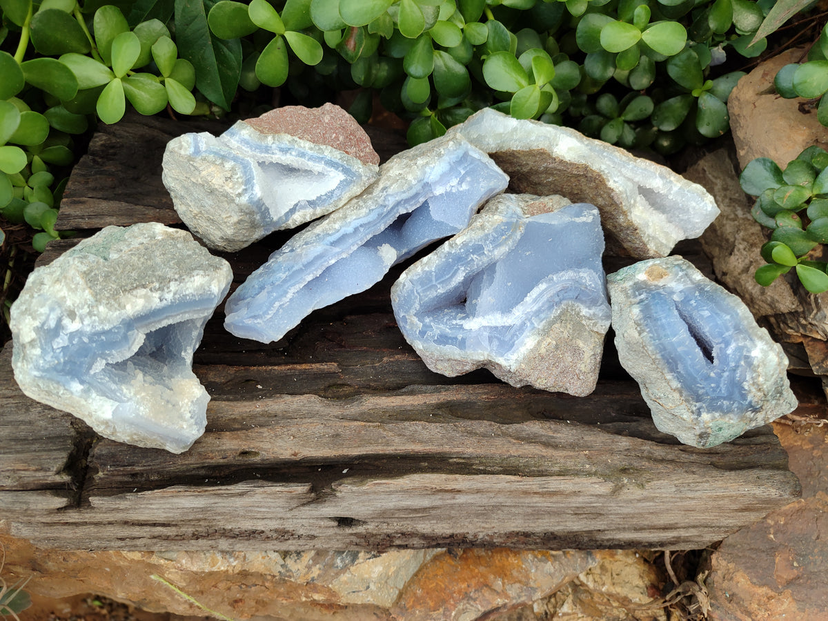 Natural Blue Lace Agate Geode Specimens x 6 From Malawi - Toprock Gemstones and Minerals 