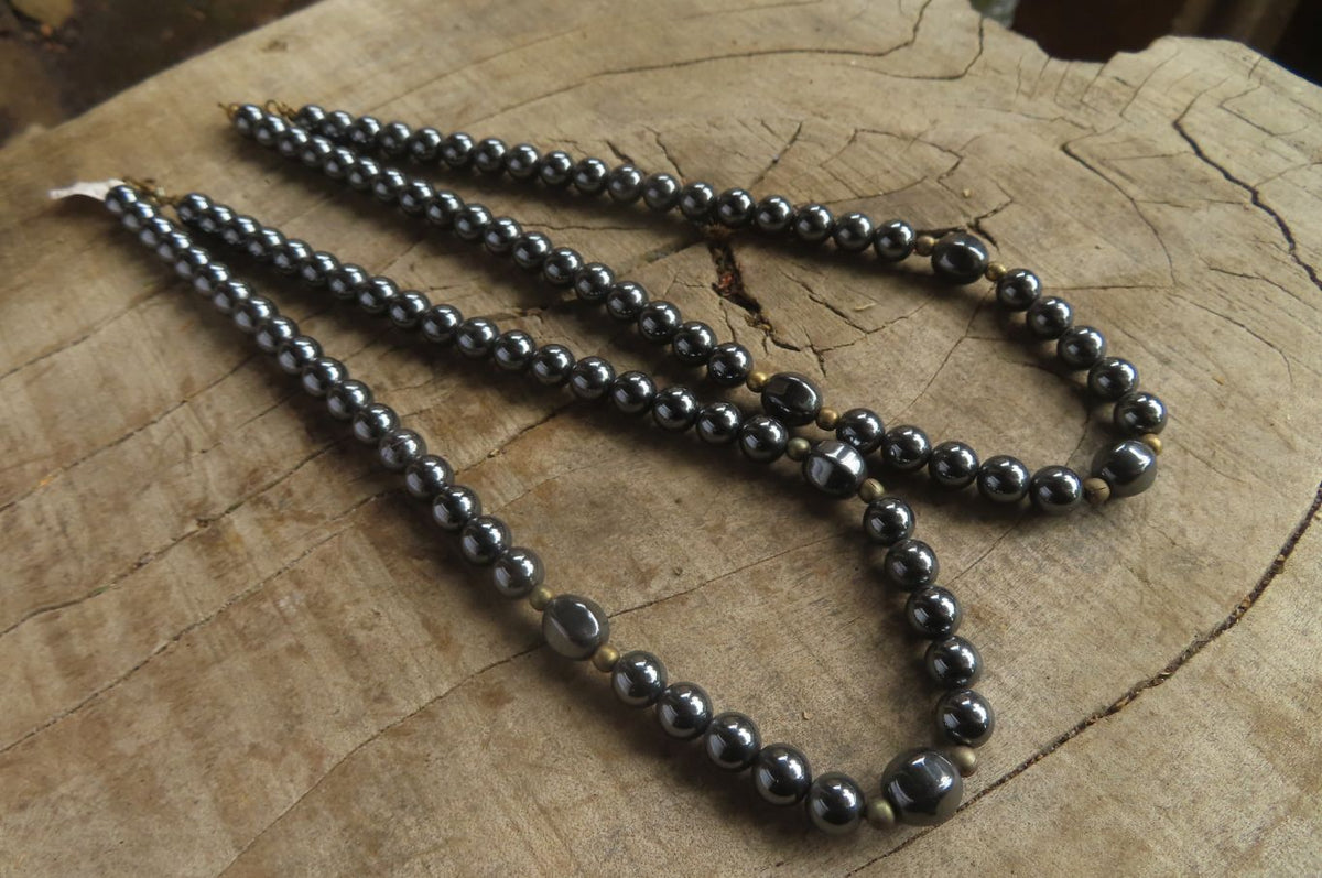 Polished Hematite & Gold Beaded Necklace - Sold Per Item - From Southern Africa - Toprock Gemstones and Minerals 