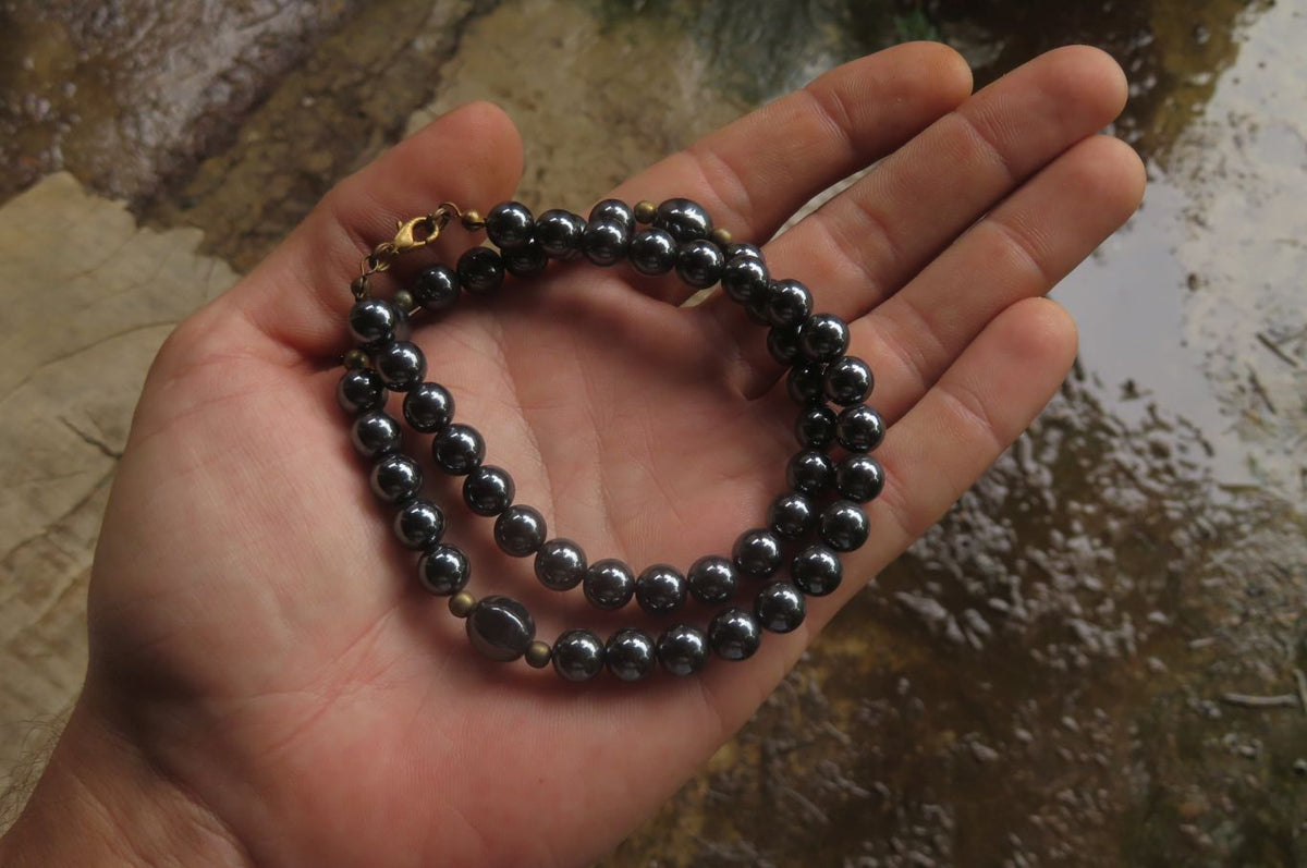 Polished Hematite & Gold Beaded Necklace - Sold Per Item - From Southern Africa - Toprock Gemstones and Minerals 
