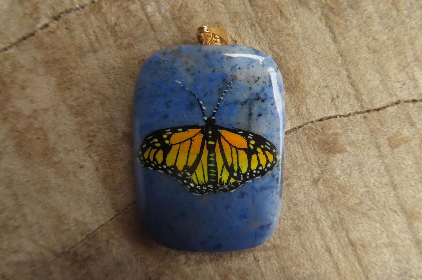 Polished Dumortierite Rectangular Pendants with Hand Painted Butterfly - sold per item - From Mozambique - Toprock Gemstones and Minerals 
