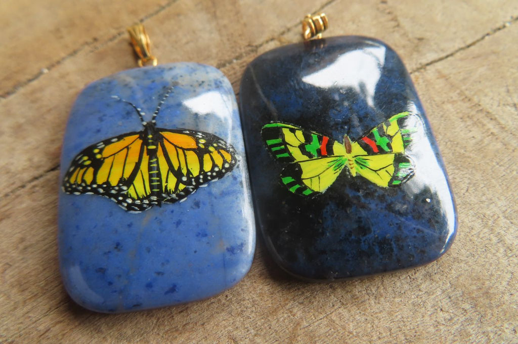 Polished Dumortierite Rectangular Pendants with Hand Painted Butterfly - sold per item - From Mozambique - Toprock Gemstones and Minerals 
