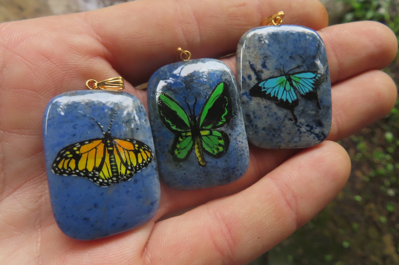 Polished Dumortierite Rectangular Pendants with Hand Painted Butterfly - sold per item - From Mozambique - Toprock Gemstones and Minerals 