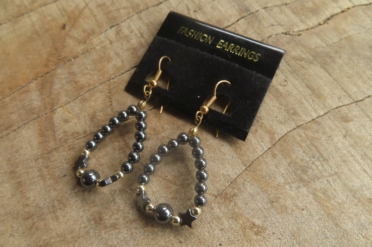 Polished Pair of Hematite Star Bead Loop Earrings - sold per Pair - From Southern Africa - Toprock Gemstones and Minerals 