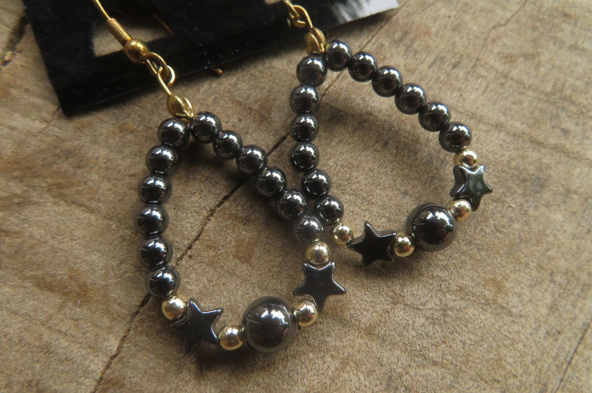 Polished Pair of Hematite Star Bead Loop Earrings - sold per Pair - From Southern Africa - Toprock Gemstones and Minerals 