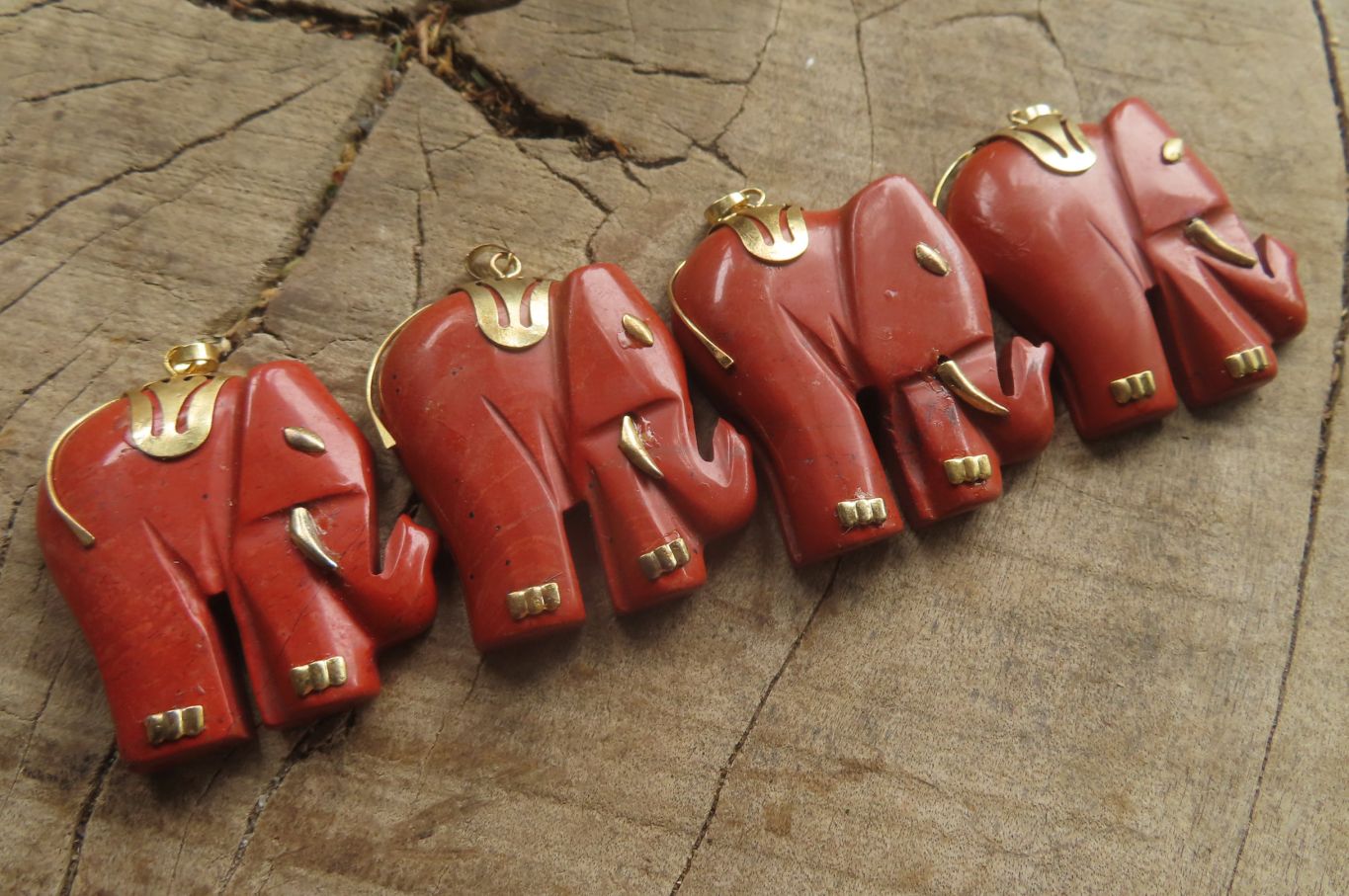 Polished Red Jasper Elephant Pendant with Gold Bail and Trim - Sold Per Item - From South Africa - Toprock Gemstones and Minerals 