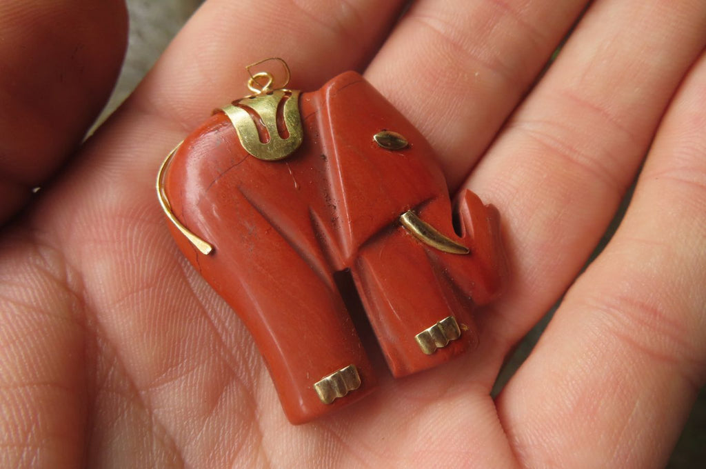 Polished Red Jasper Elephant Pendant with Gold Bail and Trim - Sold Per Item - From South Africa - Toprock Gemstones and Minerals 