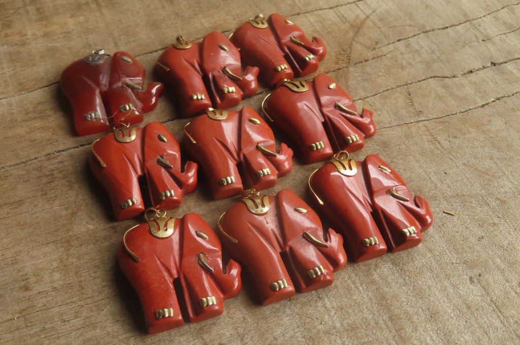 Polished Red Jasper Elephant Pendant with Gold Bail and Trim - Sold Per Item - From South Africa - Toprock Gemstones and Minerals 