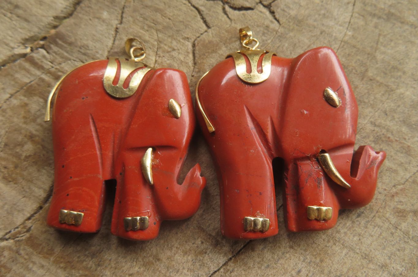 Polished Red Jasper Elephant Pendant with Gold Bail and Trim - Sold Per Item - From South Africa - Toprock Gemstones and Minerals 
