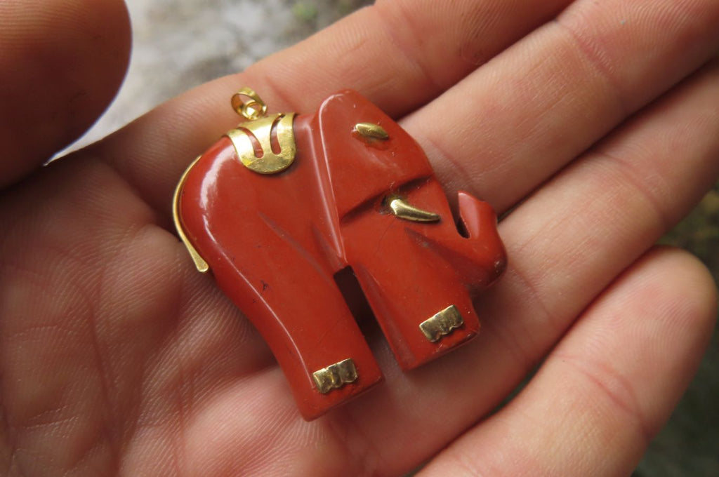 Polished Red Jasper Elephant Pendant with Gold Bail and Trim - Sold Per Item - From South Africa - Toprock Gemstones and Minerals 