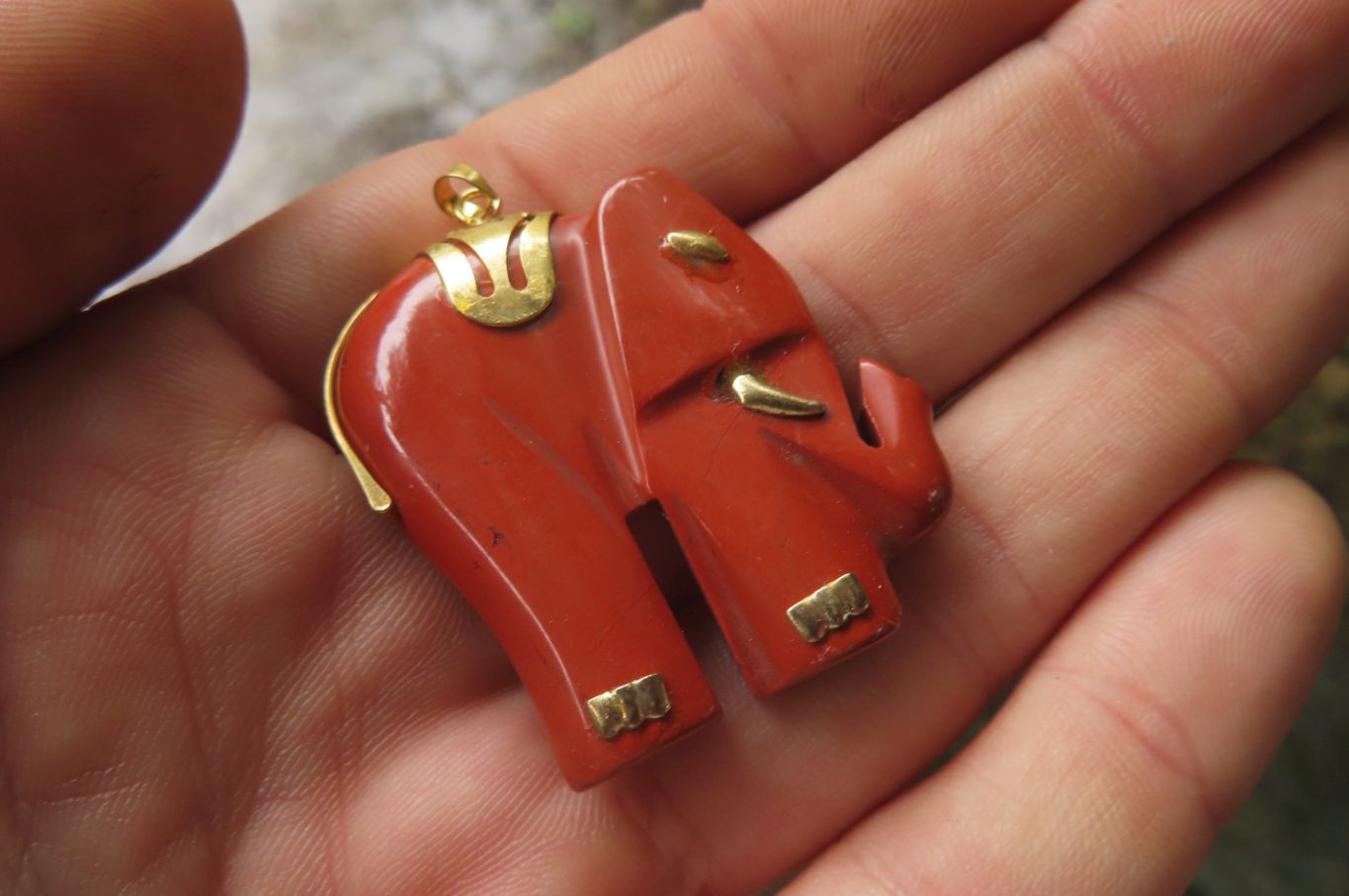Polished Red Jasper Elephant Pendant with Gold Bail and Trim - Sold Per Item - From South Africa - Toprock Gemstones and Minerals 