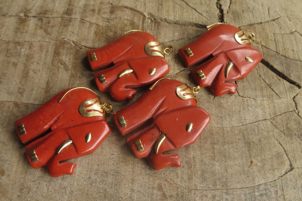Polished Red Jasper Elephant Pendant with Gold Bail and Trim - Sold Per Item - From South Africa - Toprock Gemstones and Minerals 