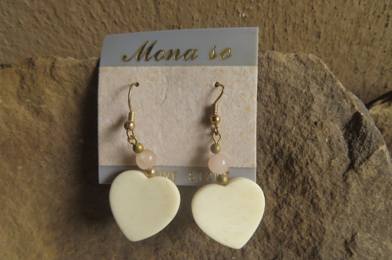 Polished Alabaster Heart and Rose Quartz Bead Earrings - Sold Per Set - From South Africa - Toprock Gemstones and Minerals 
