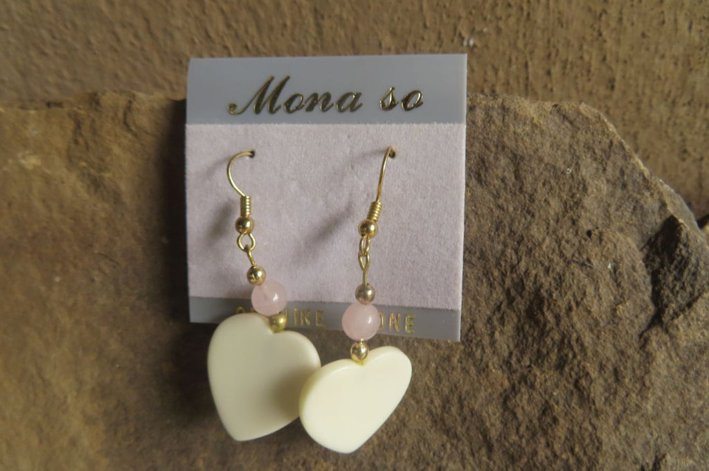 Polished Alabaster Heart and Rose Quartz Bead Earrings - Sold Per Set - From South Africa - Toprock Gemstones and Minerals 
