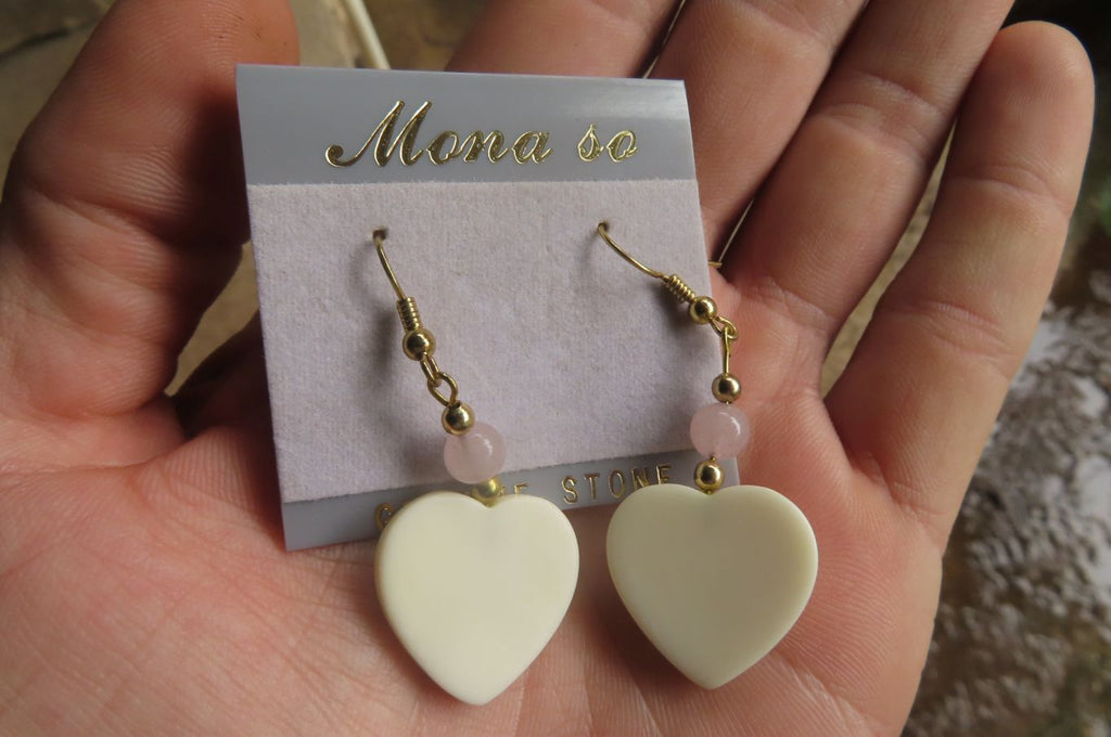 Polished Alabaster Heart and Rose Quartz Bead Earrings - Sold Per Set - From South Africa - Toprock Gemstones and Minerals 