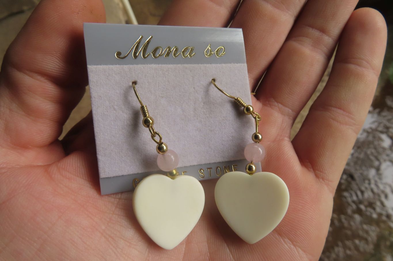 Polished Alabaster Heart and Rose Quartz Bead Earrings - Sold Per Set - From South Africa - Toprock Gemstones and Minerals 