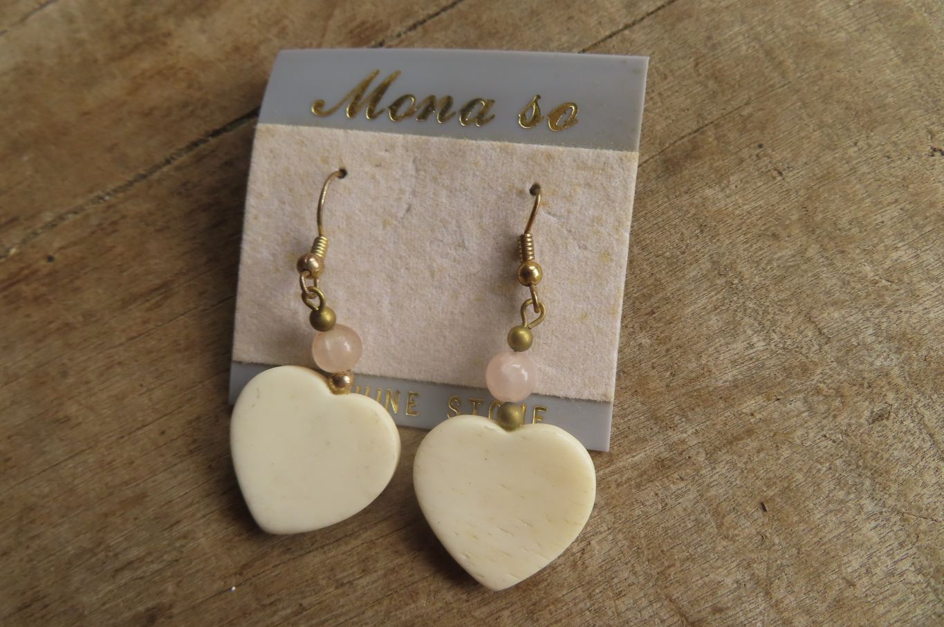 Polished Alabaster Heart and Rose Quartz Bead Earrings - Sold Per Set - From South Africa - Toprock Gemstones and Minerals 