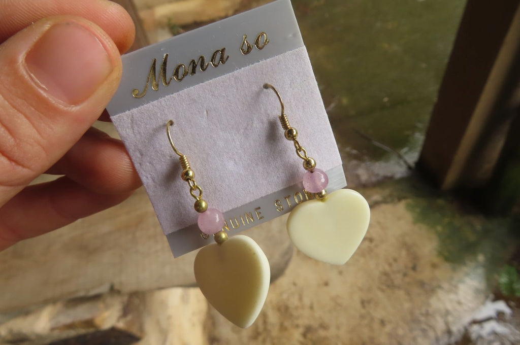 Polished Alabaster Heart and Rose Quartz Bead Earrings - Sold Per Set - From South Africa - Toprock Gemstones and Minerals 