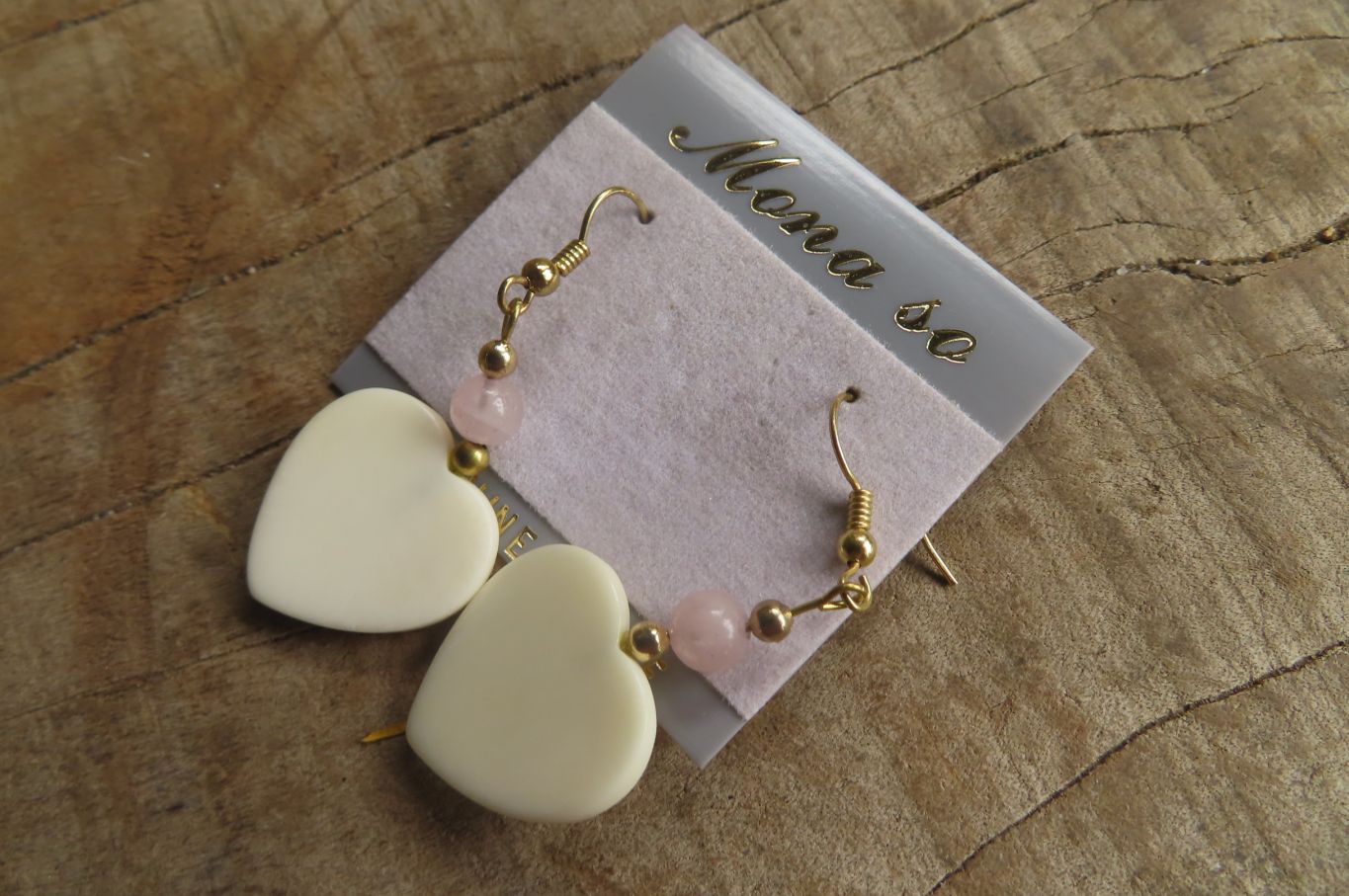 Polished Alabaster Heart and Rose Quartz Bead Earrings - Sold Per Set - From South Africa - Toprock Gemstones and Minerals 