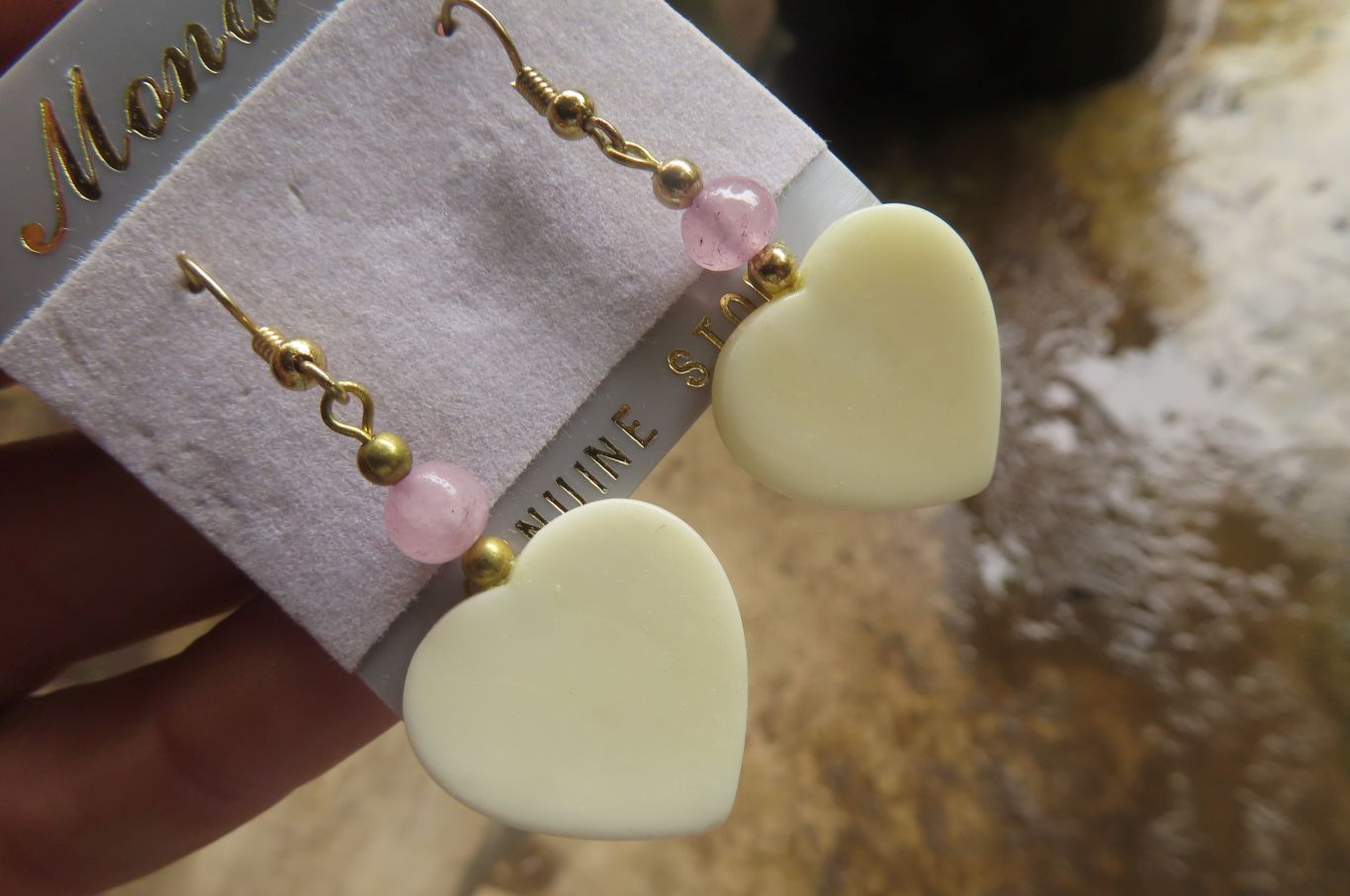 Polished Alabaster Heart and Rose Quartz Bead Earrings - Sold Per Set - From South Africa - Toprock Gemstones and Minerals 