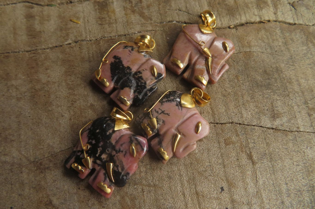 Polished Rhodonite Pink Elephant Pendant with Gold Bail and Trim - Sold Per Item - From Madagascar - Toprock Gemstones and Minerals 