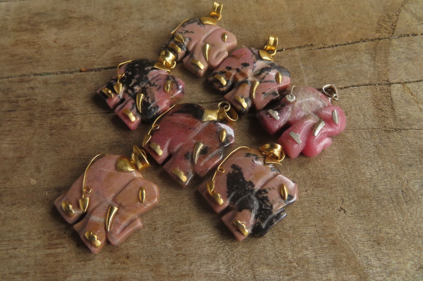 Polished Rhodonite Pink Elephant Pendant with Gold Bail and Trim - Sold Per Item - From Madagascar - Toprock Gemstones and Minerals 