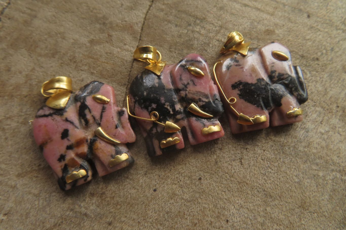 Polished Rhodonite Pink Elephant Pendant with Gold Bail and Trim - Sold Per Item - From Madagascar - Toprock Gemstones and Minerals 
