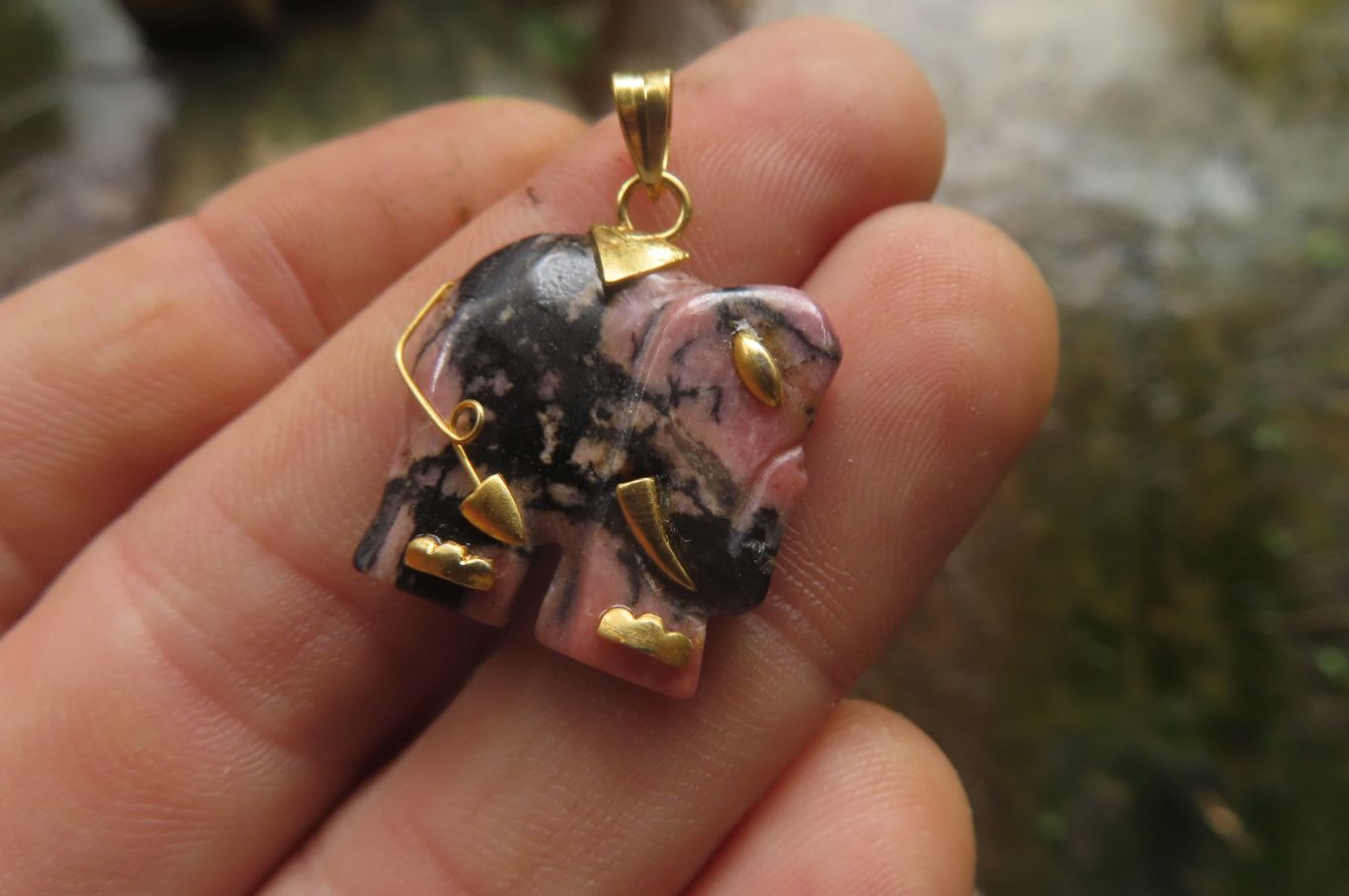 Polished Rhodonite Pink Elephant Pendant with Gold Bail and Trim - Sold Per Item - From Madagascar - Toprock Gemstones and Minerals 