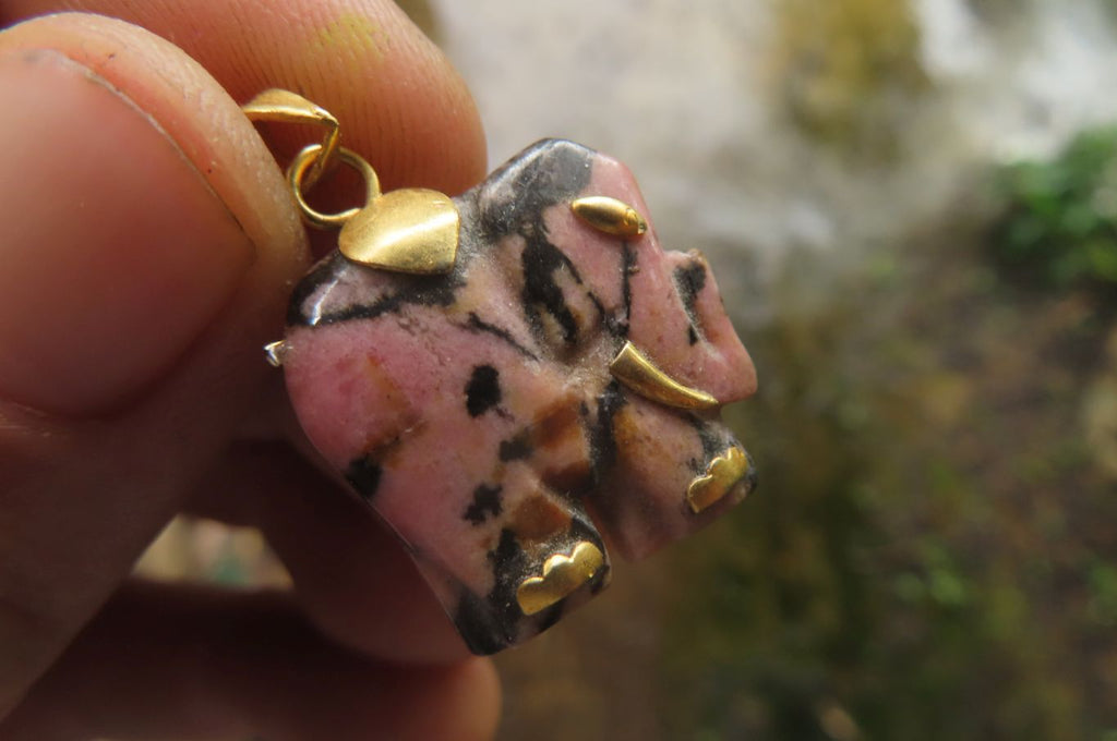 Polished Rhodonite Pink Elephant Pendant with Gold Bail and Trim - Sold Per Item - From Madagascar - Toprock Gemstones and Minerals 
