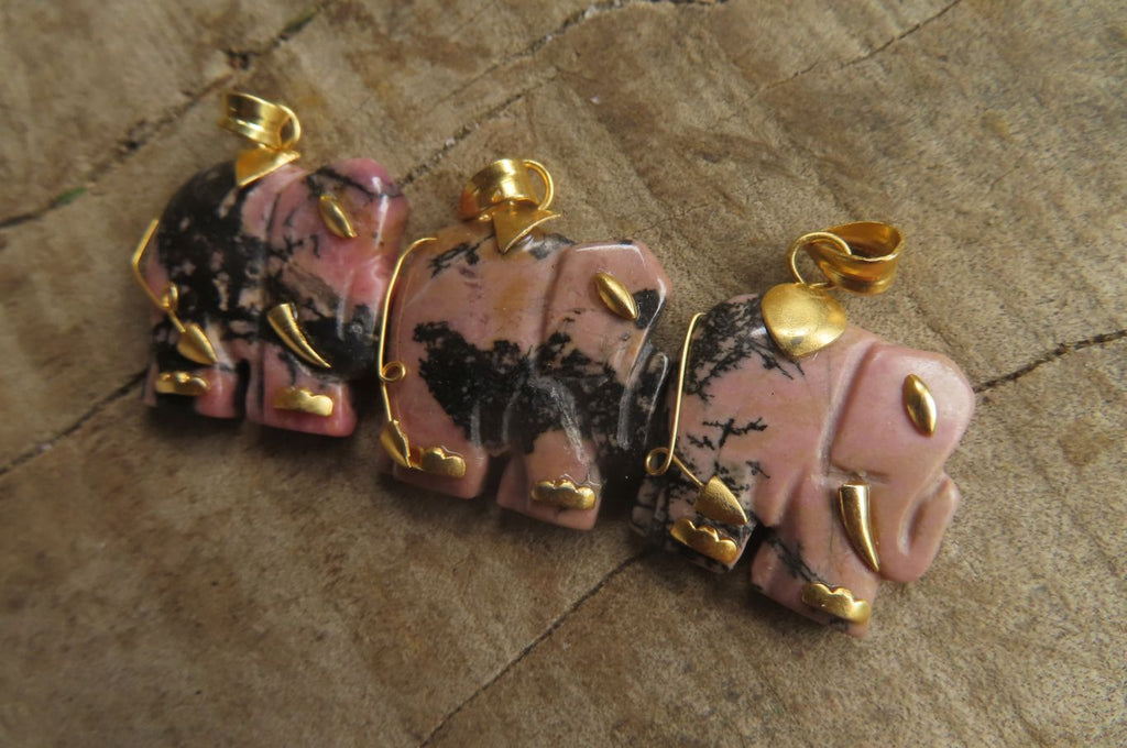 Polished Rhodonite Pink Elephant Pendant with Gold Bail and Trim - Sold Per Item - From Madagascar - Toprock Gemstones and Minerals 