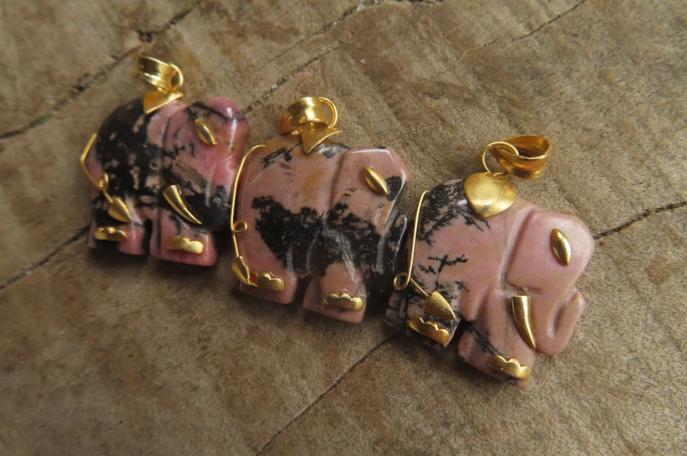 Polished Rhodonite Pink Elephant Pendant with Gold Bail and Trim - Sold Per Item - From Madagascar - Toprock Gemstones and Minerals 