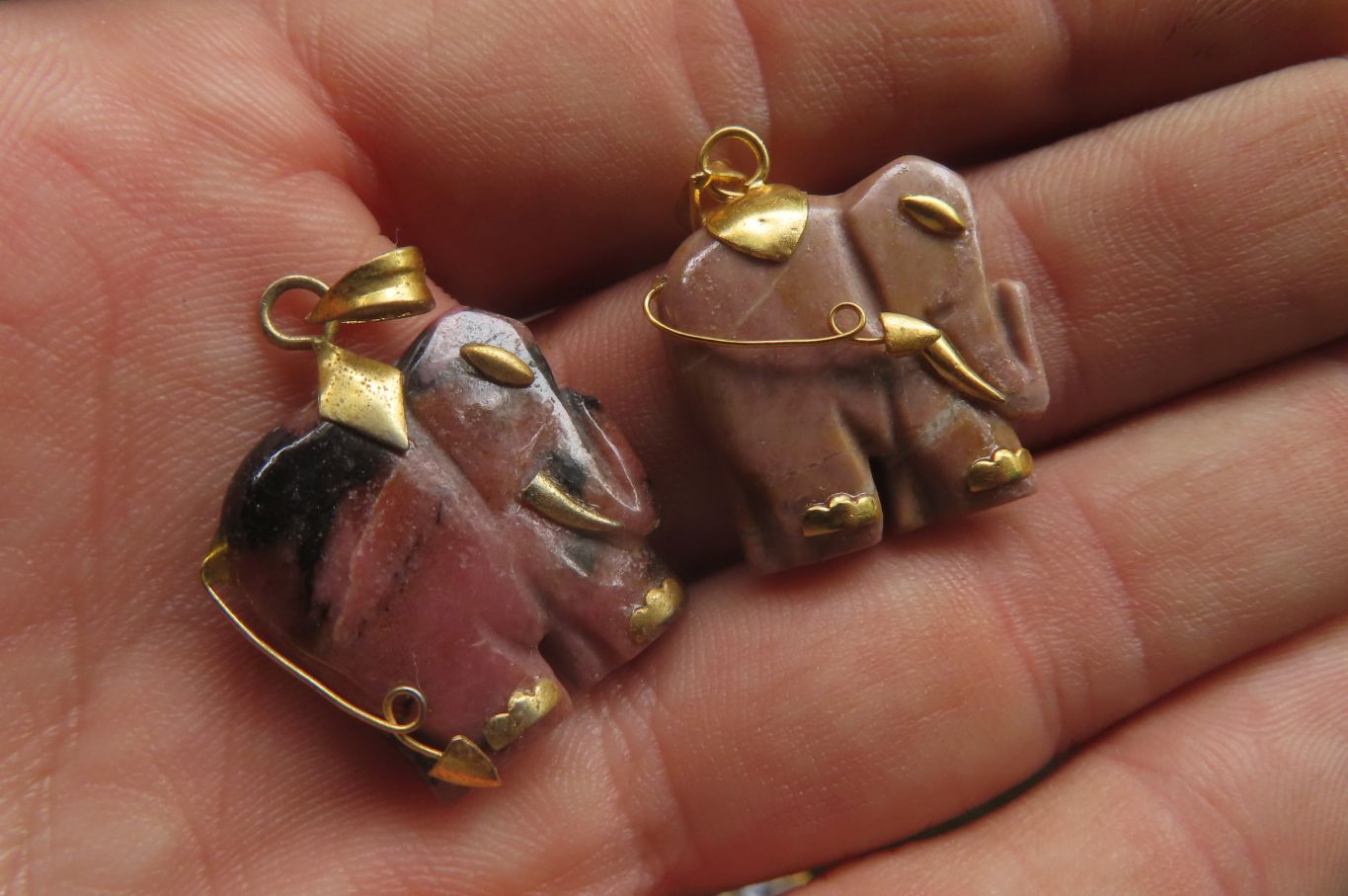 Polished Rhodonite Pink Elephant Pendant with Gold Bail and Trim - Sold Per Item - From Madagascar - Toprock Gemstones and Minerals 