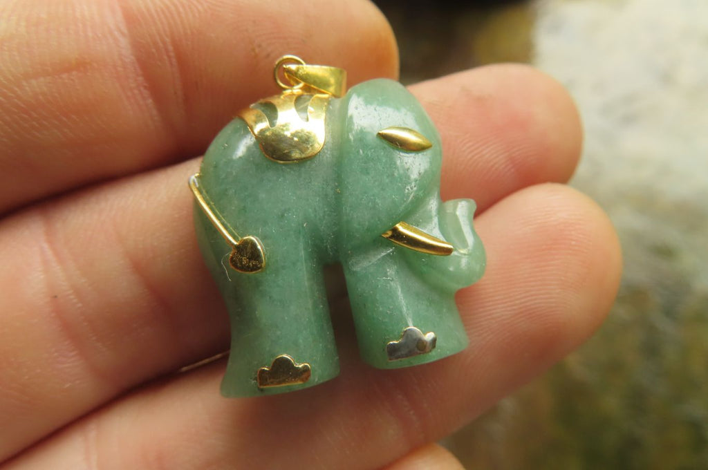 Polished Aventurine Elephant Pendant with Gold Bail and Trim - Sold Per Item - From Zimbabwe - Toprock Gemstones and Minerals 