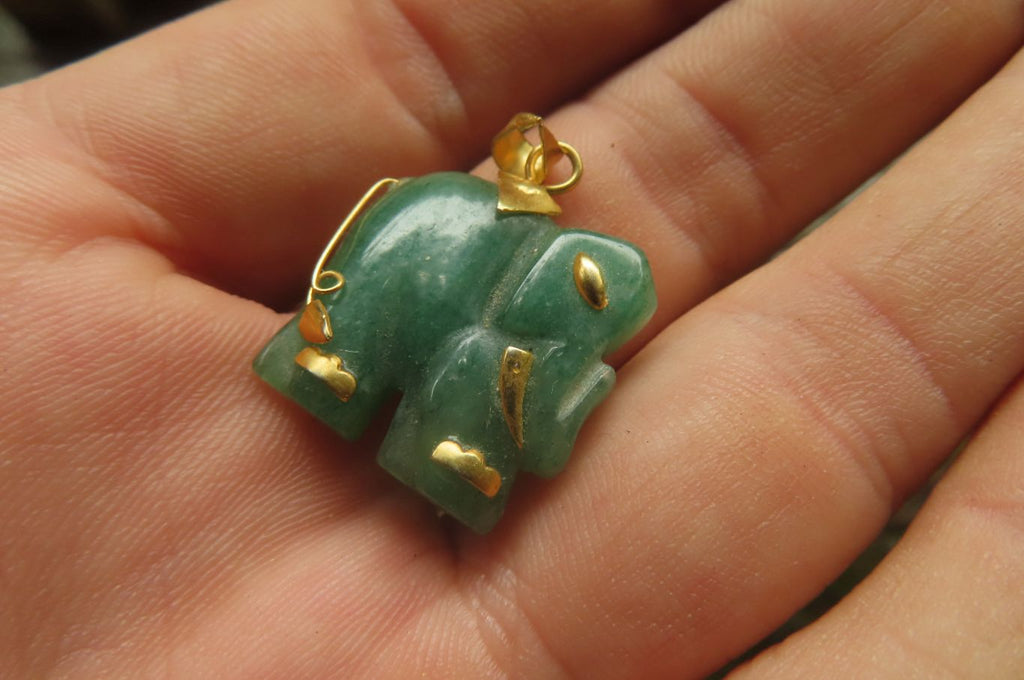 Polished Aventurine Elephant Pendant with Gold Bail and Trim - Sold Per Item - From Zimbabwe - Toprock Gemstones and Minerals 
