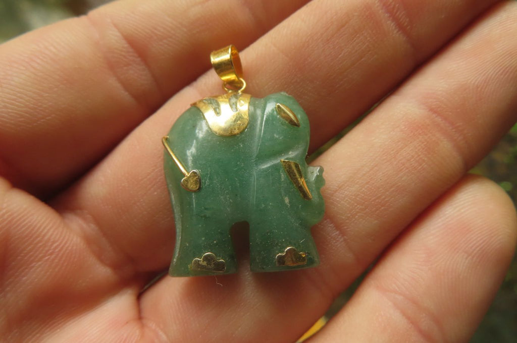 Polished Aventurine Elephant Pendant with Gold Bail and Trim - Sold Per Item - From Zimbabwe - Toprock Gemstones and Minerals 