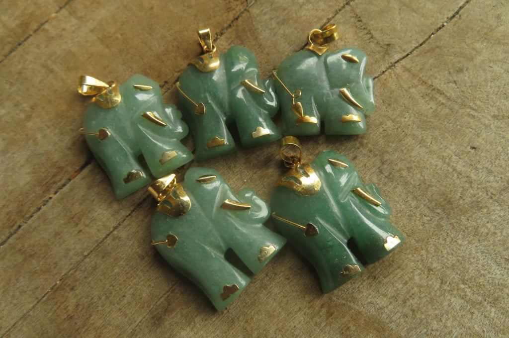 Polished Aventurine Elephant Pendant with Gold Bail and Trim - Sold Per Item - From Zimbabwe - Toprock Gemstones and Minerals 