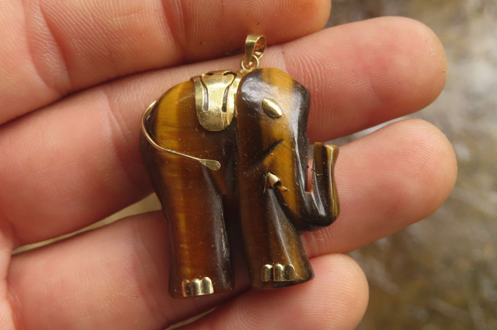 Polished Golden Tigers Eye Elephant Pendant with Gold Bail and Trim - Sold Per Item - From China - Toprock Gemstones and Minerals 