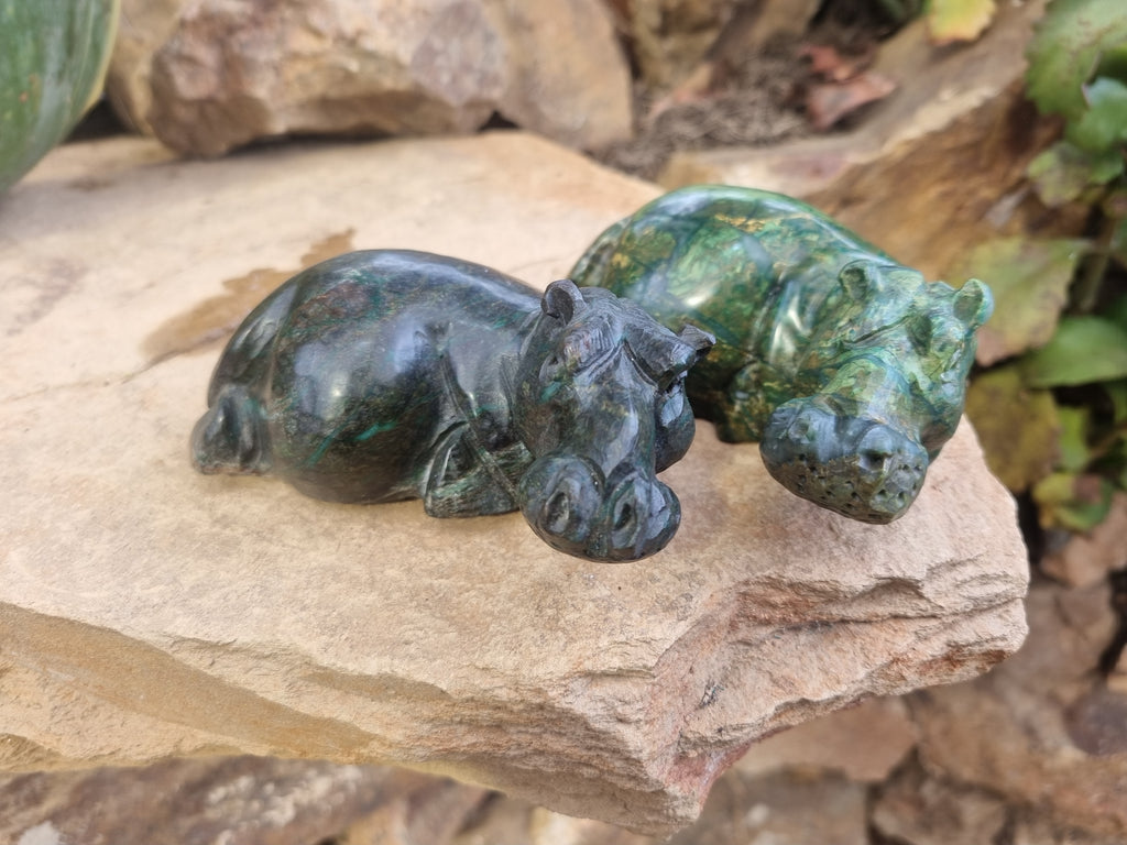 Hand Made Green Verdite Hippo Carvings x 3 From Zimbabwe - Toprock Gemstones and Minerals 