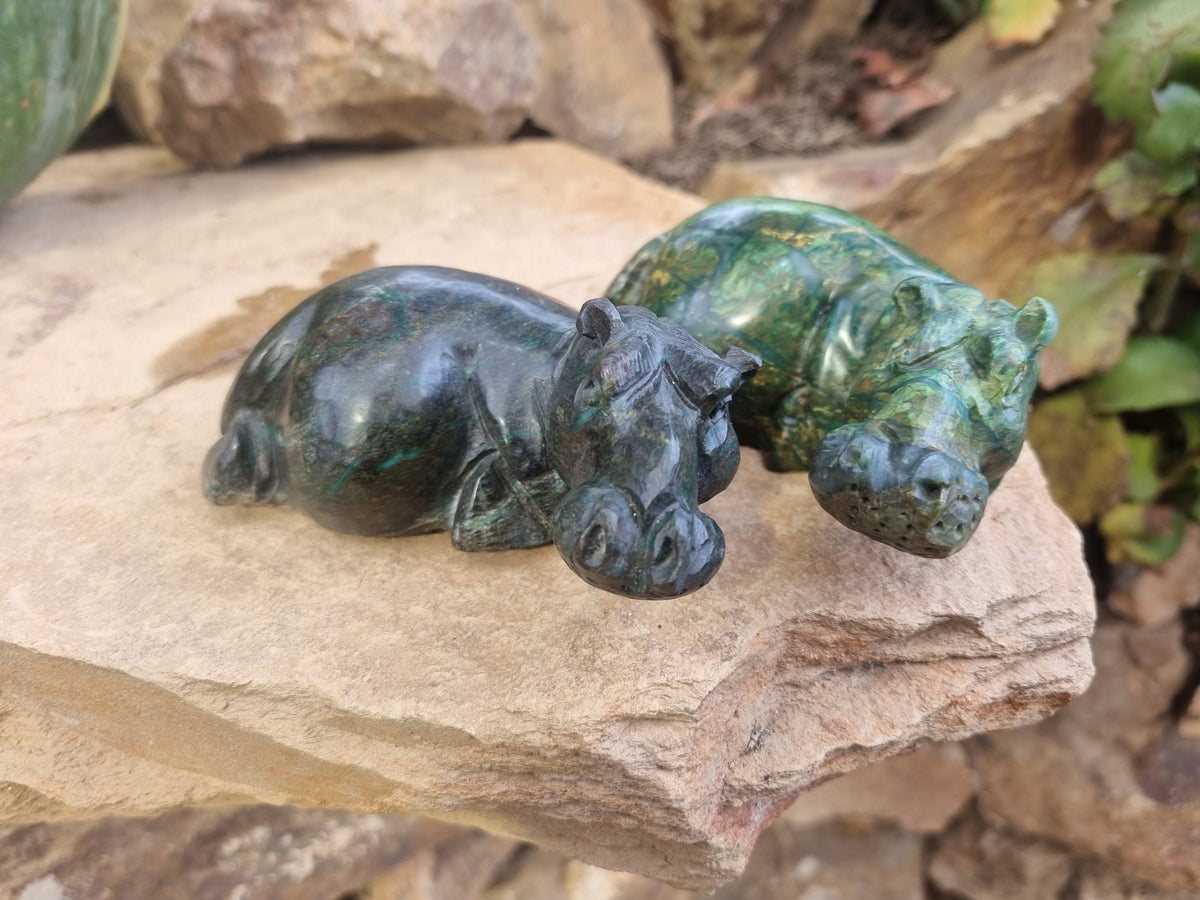 Hand Made Green Verdite Hippo Carvings x 3 From Zimbabwe - Toprock Gemstones and Minerals 