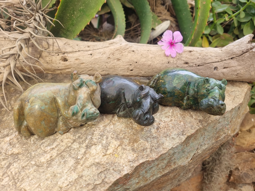 Hand Made Green Verdite Hippo Carvings x 3 From Zimbabwe - Toprock Gemstones and Minerals 